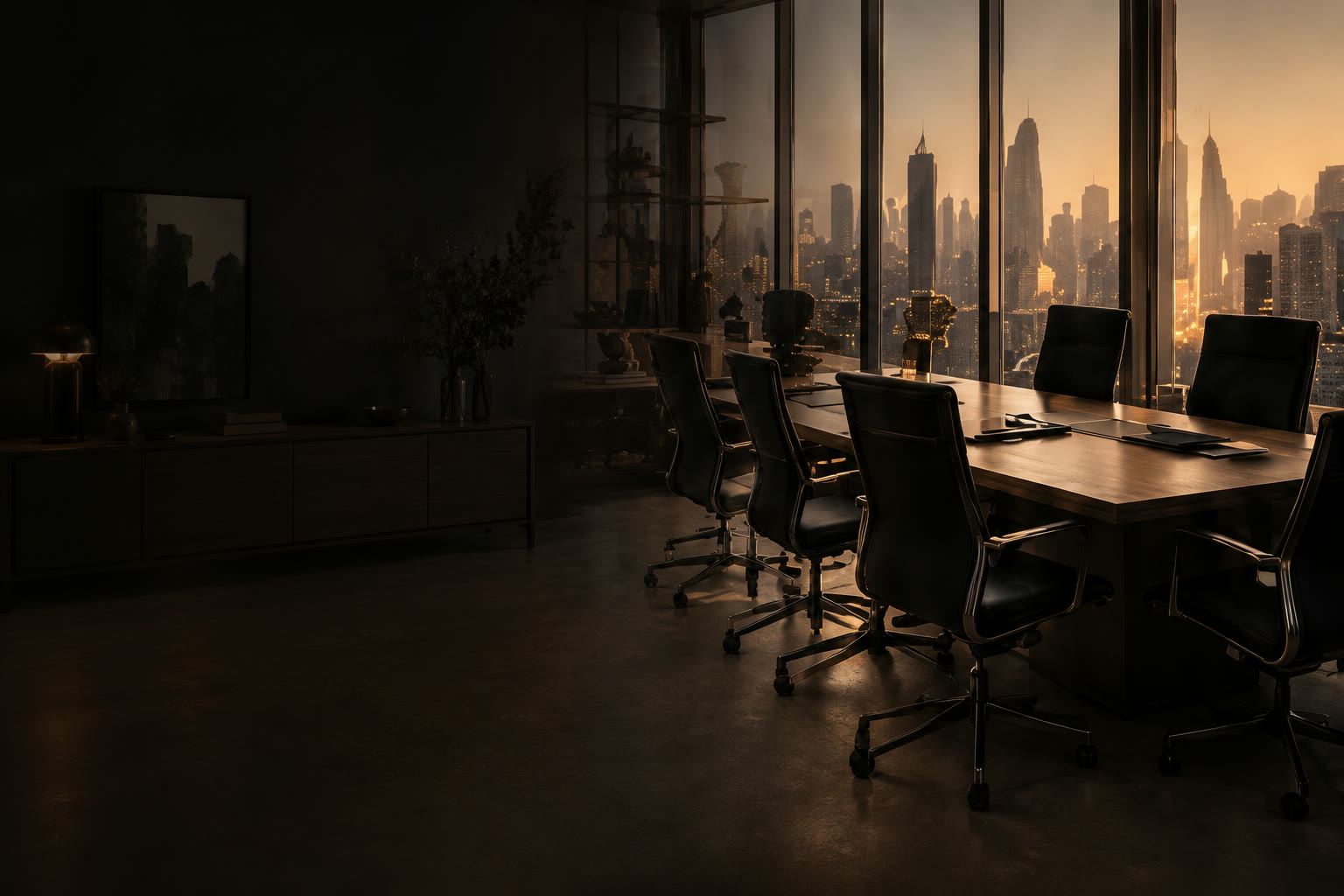 Dark conference room overlooking a city skyline at sunset